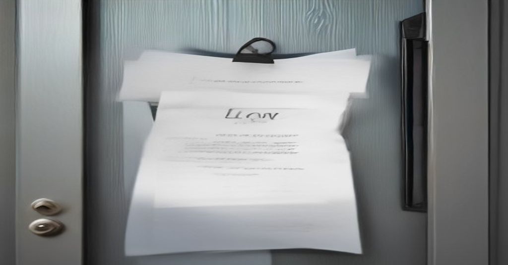 A legal notice taped to the front door of a house